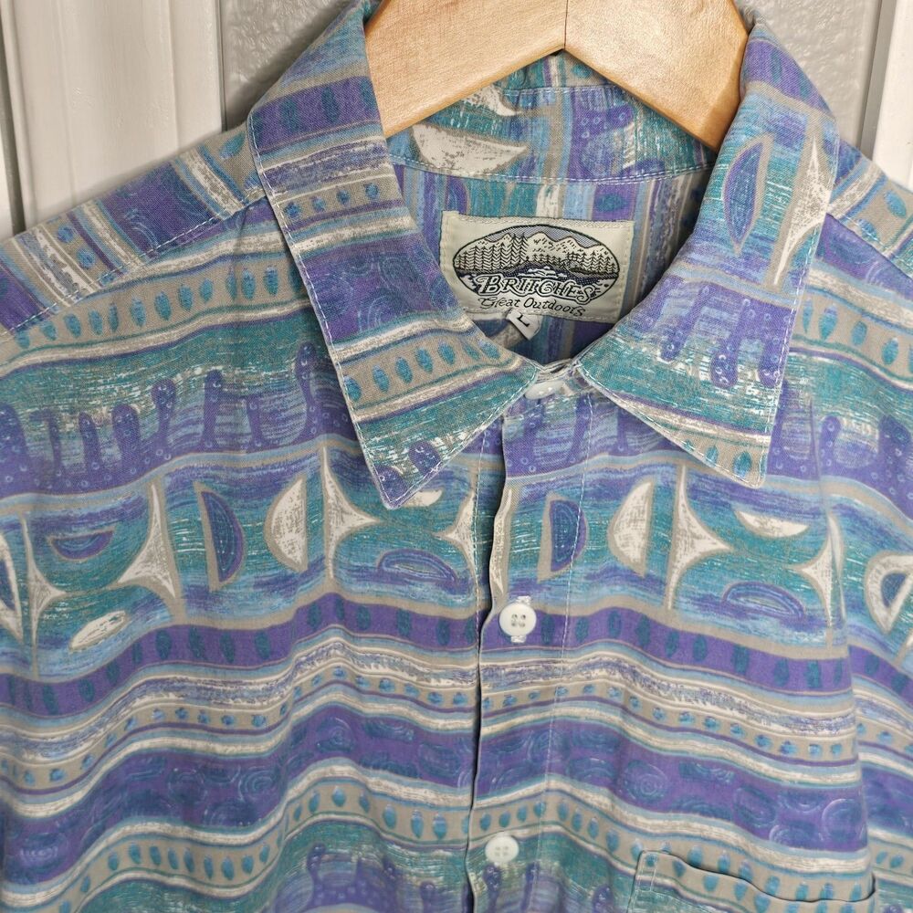 VTG 80s 90s Britches Great Outdoors Shirt Men L Blue Green Abstract Classic